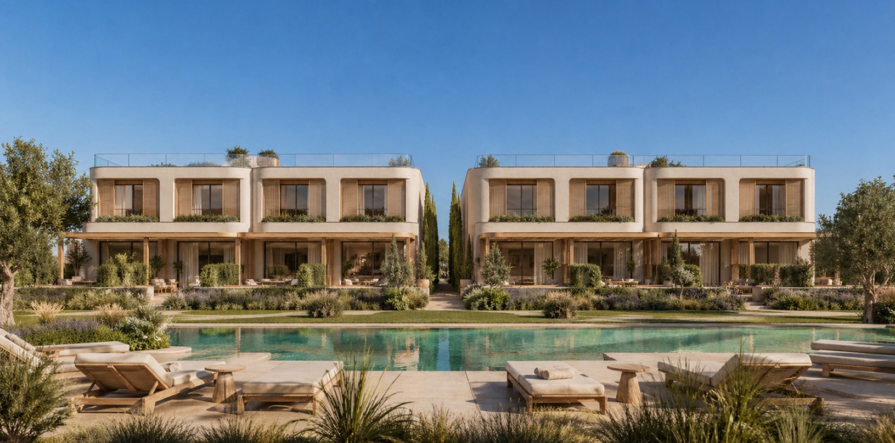 Fachada del conjunto residencial con la piscina en primer plano