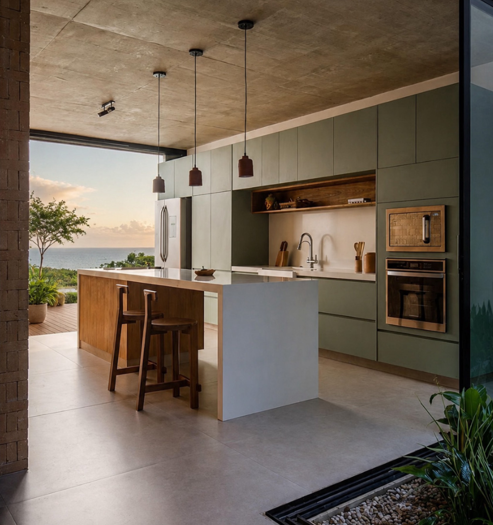 Cocina abierta al exterior con vistas al mar