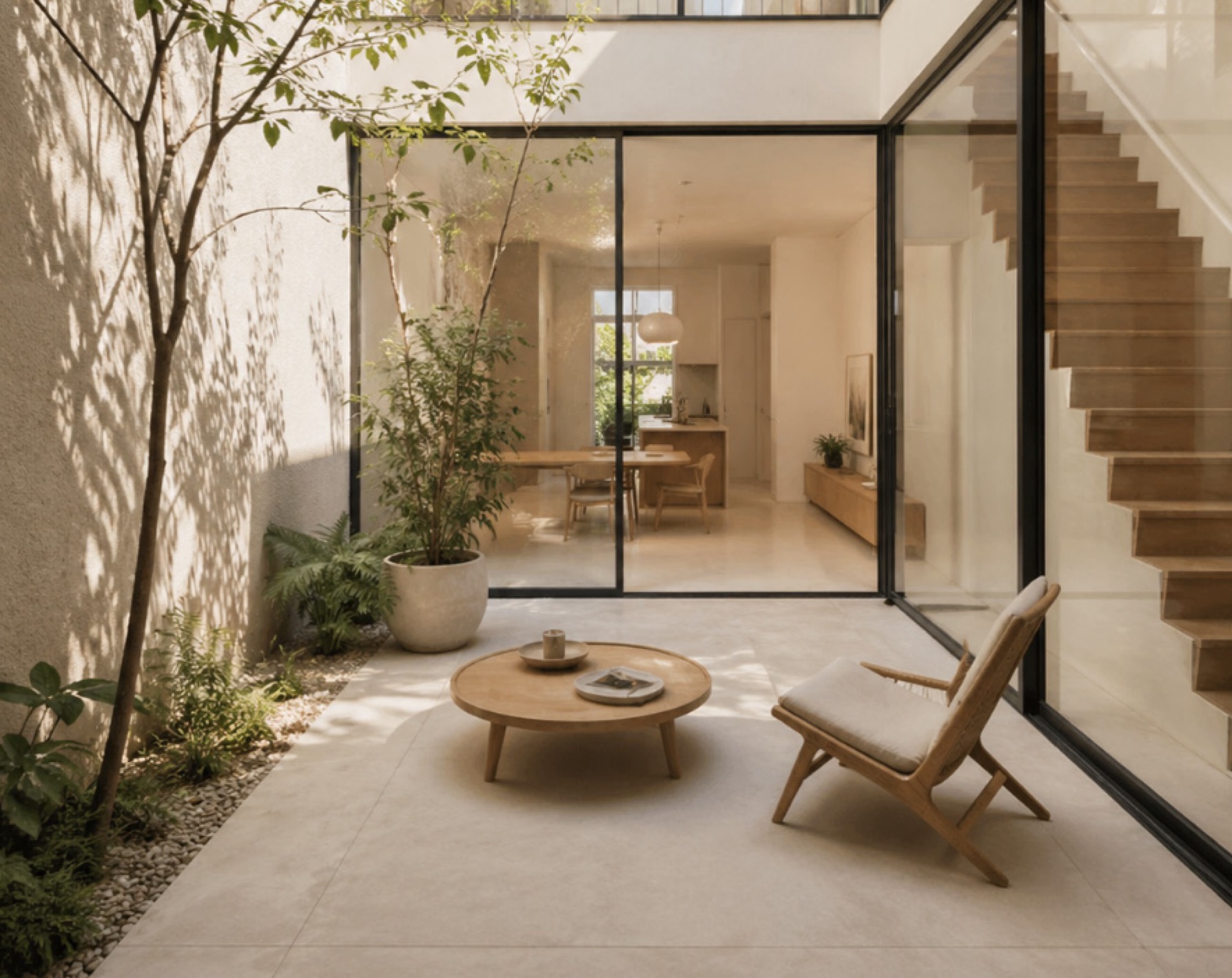 Patio interior con vegetación y acceso acristalado a la vivienda